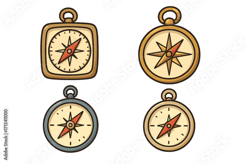 Vector set of cartoon compasses for navigation, exploration, travel, and adventure. Collection of four retro magnetic compass icons for finding direction and orientation.