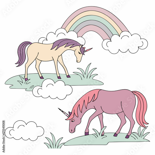 Two whimsical cartoon unicorns with pastel manes and tails graze in a grassy field beneath a soft pastel rainbow and fluffy clouds