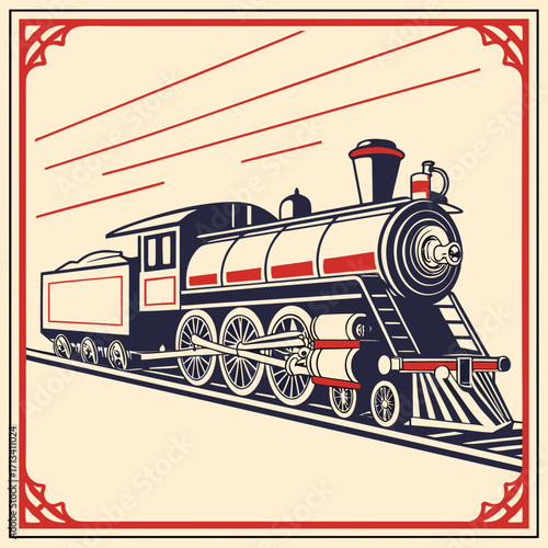Vintage steam locomotive illustration in a stylized retro poster design with red and blue color scheme on a cream background