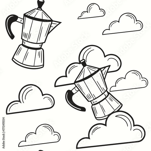 Whimsical black and white illustration of vintage moka pots floating amongst stylized clouds in a dreamlike sky
