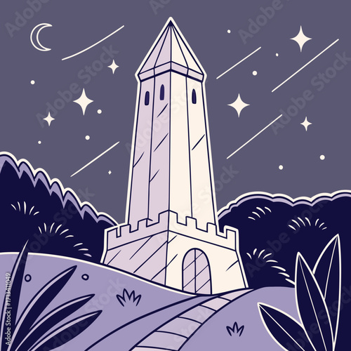 Whimsical cartoon illustration of a tall slender tower standing on a hill under a starry night sky with a crescent moon and shooting stars