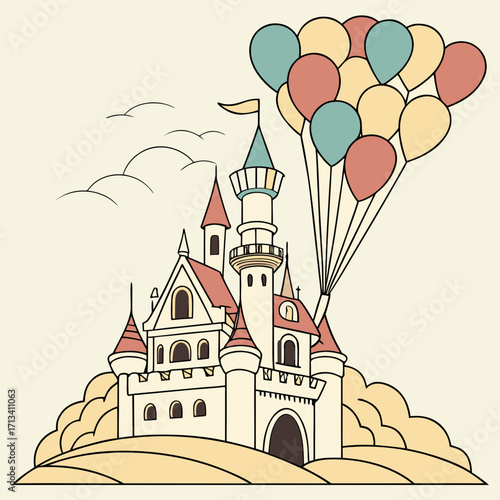 Whimsical cartoon castle with a cluster of colorful balloons lifting it into a pale sky with stylized clouds