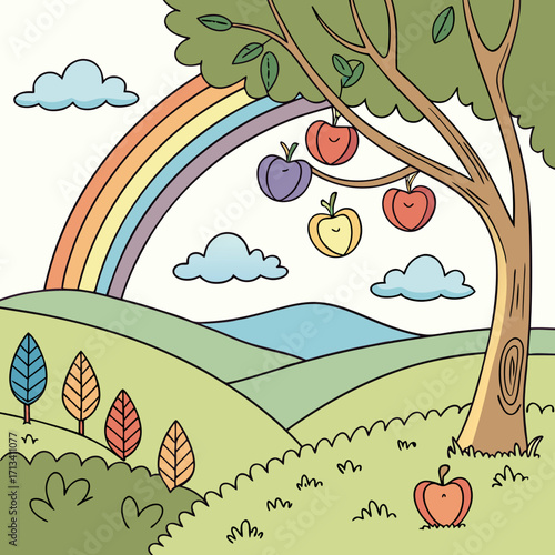 Whimsical cartoon landscape featuring a colorful rainbow arching over rolling green hills with a fruit tree bearing apples and plum fluffy clouds in a light sky and small trees with colorful leaves