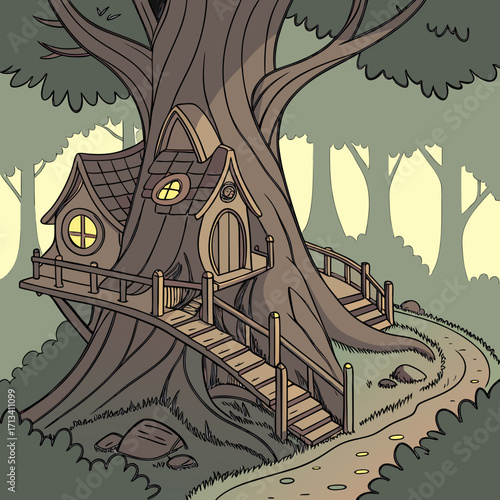 Whimsical cartoon treehouse nestled within a majestic ancient tree in a lush enchanted forest setting