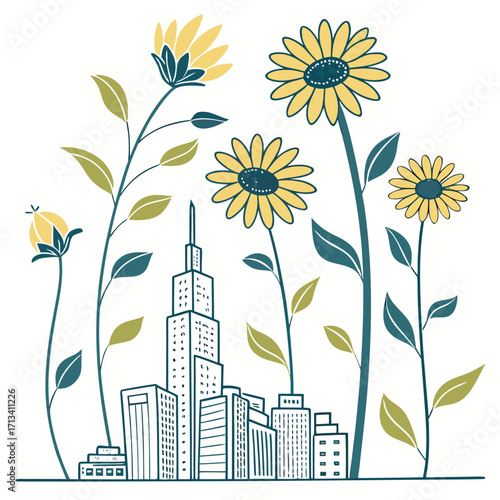 Whimsical illustration of tall yellow sunflowers and green leaves growing around a stylized city skyline with modern buildings and skyscrapers