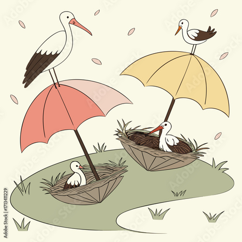 Whimsical illustration of storks and their chicks nesting under colorful umbrellas on a grassy hill with falling petals