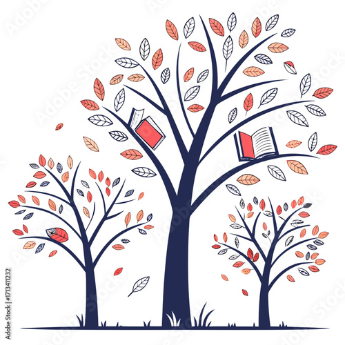 Whimsical illustration of trees with open books as fruit and falling autumn leaves on a white background