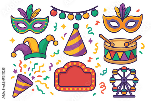 Carnival party icon set. Vector collection of festival and circus elements. Mask, drum, ferris wheel for celebration. Mardi Gras flat cartoon illustration clipart.