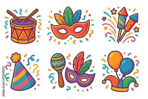 Set of colorful carnival icons. Festive vector collection with mask, drum, maraca, fireworks, and jester hat. Cartoon illustration for party, festival, or holiday celebration.