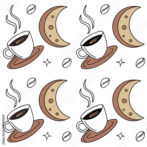 Whimsical seamless pattern featuring steaming coffee cups crescent moons coffee beans and sparkling stars on a white background perfect for cafe decor