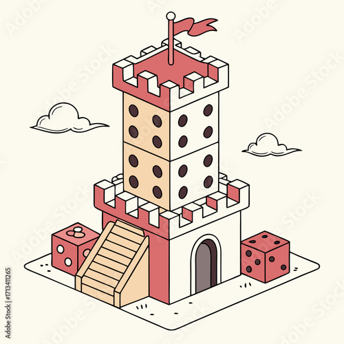 Whimsical isometric illustration of a fantasy castle tower constructed from stacked dice with a red flag on top and surrounding dice elements
