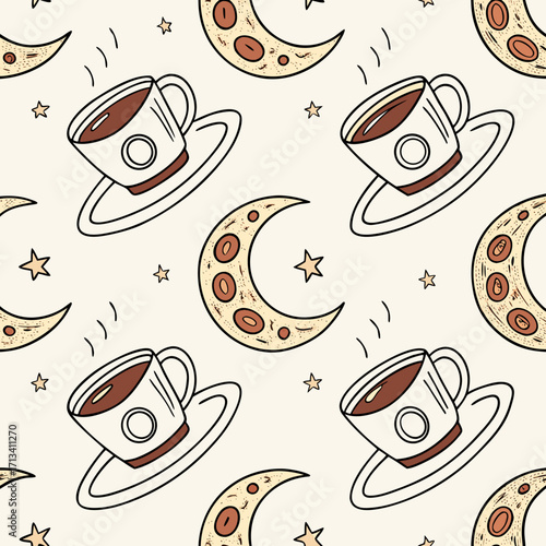 Whimsical seamless pattern featuring a steaming cup of coffee surrounded by crescent moons and twinkling stars on a light cream background