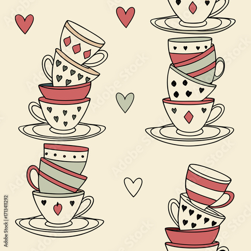 Whimsical stacked teacups and saucers with charming heart patterns and stripes in a repeating seamless pattern