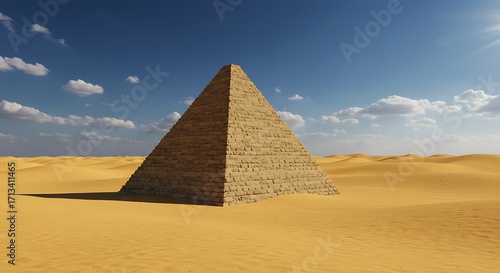 Ancient stone pyramid in a vast golden desert under a bright blue sky with clouds.