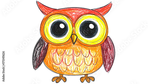 Hand drawn crayon owl illustration with big round eyes, cartoonish naive design, vibrant orange and yellow colors, isolated on white, playful and cheerful style