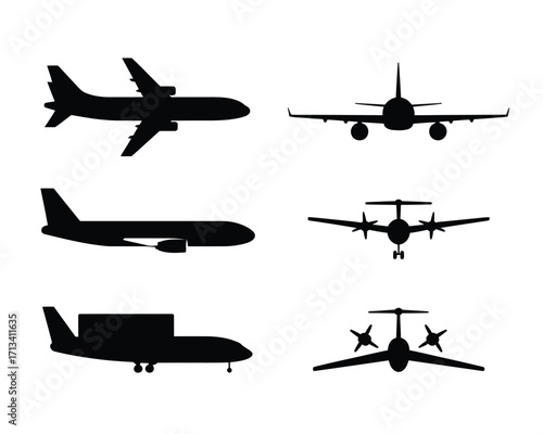 Six black airplane silhouettes on white background aircraft
