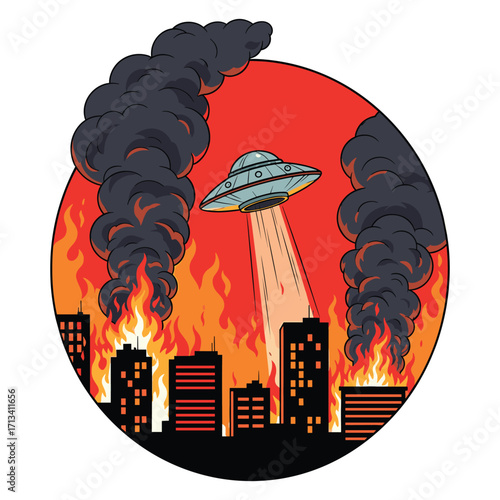 Vector Illustration of UFO Abduction Scene with Cityscape in Flames in Modern Comic Style with Bright Orange and Black Colors