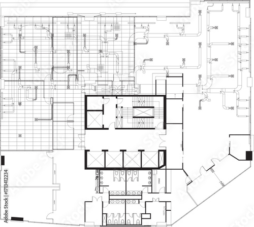 “Vector Engineering Drawing of Office Air Conditioning and Duct Layout Design for Workspace”