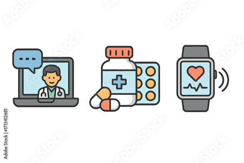 Digital health icons set. Telemedicine, online doctor consultation, medication management, remote monitoring. Healthcare technology with laptop, pills, smartwatch. Vector cartoon.