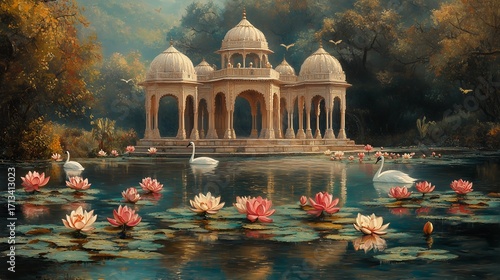 Traditional Indian style triple arch garden tapestry mural with swans, peacocks, lotus pond, blooming flowers and lush greenery, for wall decor or background.