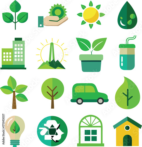 Eco-friendly icons representing sustainable living green energy nature conservation and environmental protection symbols
