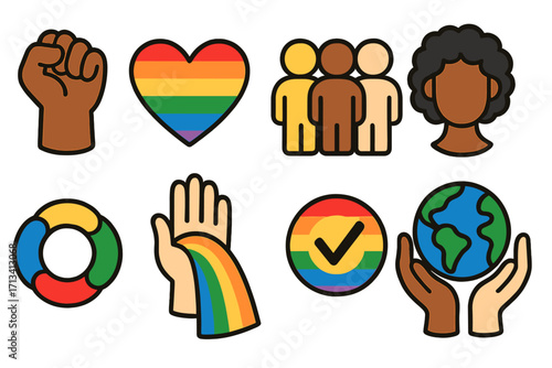 Diversity and inclusion icon set. Vector cartoon symbols for equality, empowerment, and pride. LGBTQ rainbow flag, human rights, and racial unity for social awareness.