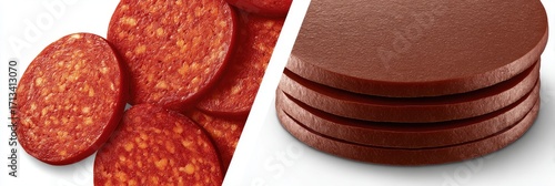 Sliced pepperoni and round, dark-red processed meat