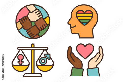 Set of vector icons for diversity, inclusion, equality. Social justice concepts: racial unity, gender balance, LGBTQ pride, community support, love, and human rights. Cartoon.