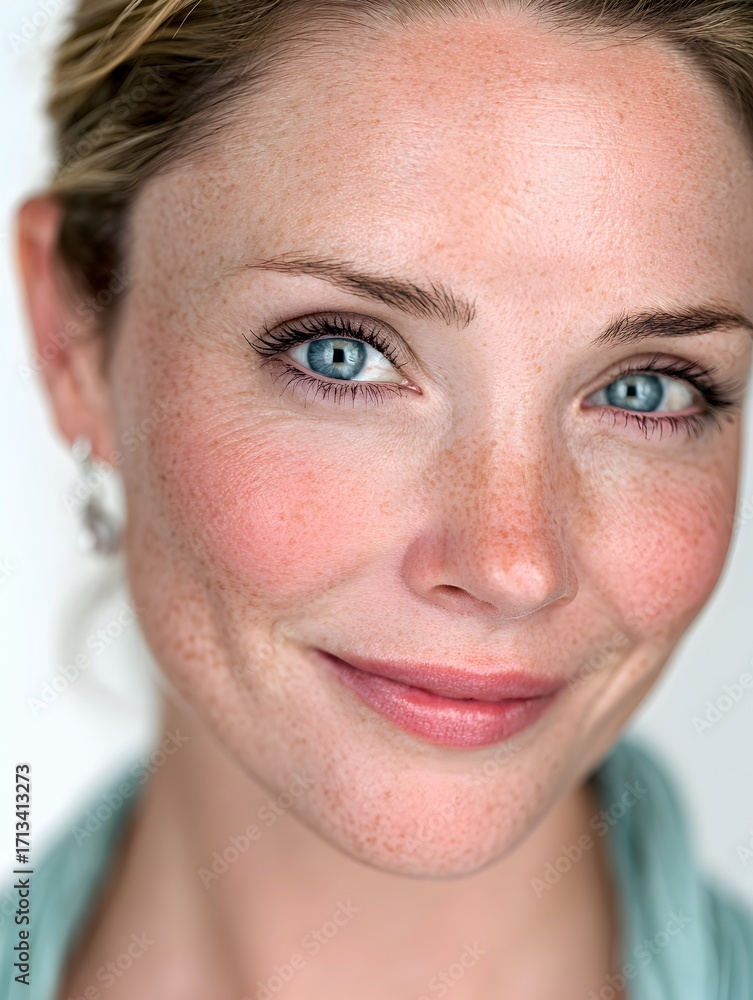 Fototapeta premium An attractive fair skinned woman with beautiful blue eyes smiles gently at the camera with natural beauty.