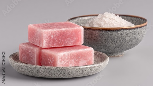 Pink soap bars on gray dish beside bowl of sea salt