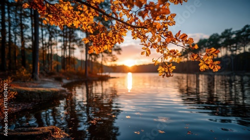 Autumn sunset over a tranquil lake
