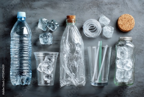 Assorted disposable plastic and glass containers, ice cubes, and straws