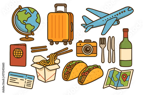 Food travel vector icon set for culinary tourism. World gastronomy tour with airplane, passport, tacos, noodles. Global foodie adventure with luggage, map, camera icons.