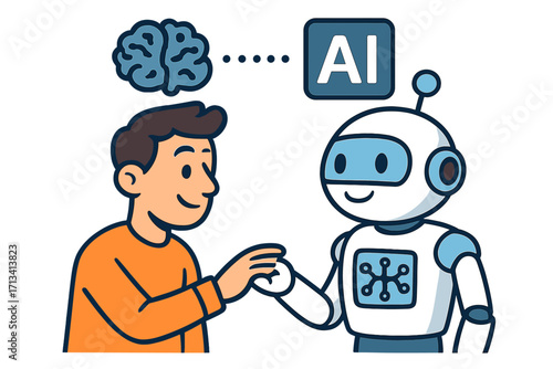 Human interaction with artificial intelligence robot. Man and cyborg fist bump connection. Future technology, human brain vs machine learning mind. AI partnership concept.