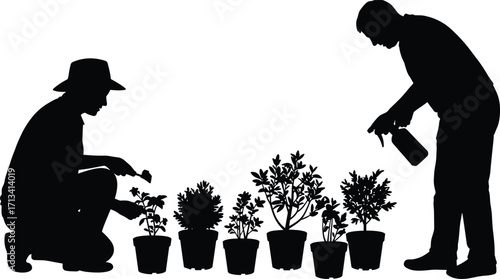 Gardening silhouette illustration, people caring plants, watering, pruning, eco lifestyle, plant care, horticulture, sustainability, teamwork, environment, nature, growth, greenery,