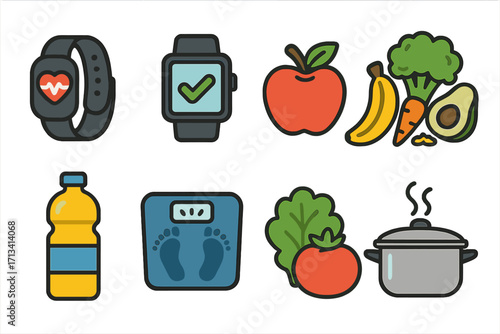 Healthy lifestyle icon collection. Health and wellness vector set with fitness tracker, food, diet, nutrition, weight scale, cooking pot, fruit and vegetables. Flat cartoon.