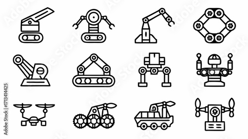 Vector art of collection of robotic arms, industrial machines, and drones illustrated in monochrome line art created and generated with generative ai #10