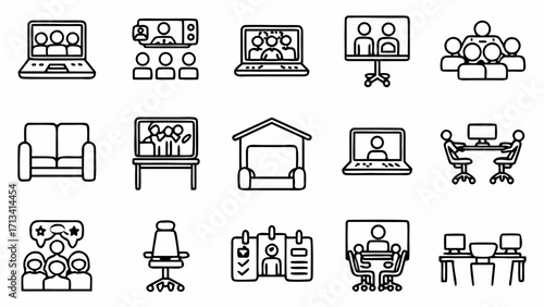 Vector art of collection of line art icons representing online learning, virtual meetings, and digital education tools created and generated with generative ai #15