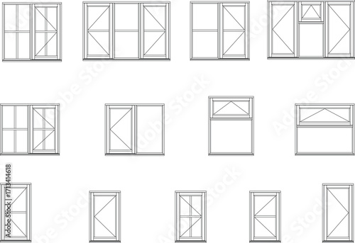 A collection of black-and-white line drawings showcasing various modern window designs. The drawings feature different configurations of multi-pane windows, including tall and narrow styles.