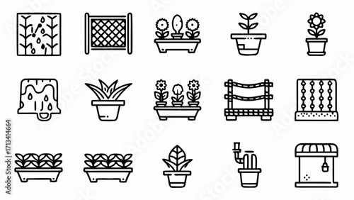 Vector art of collection of line art icons showcasing various garden and plant pots created and generated with generative ai #28