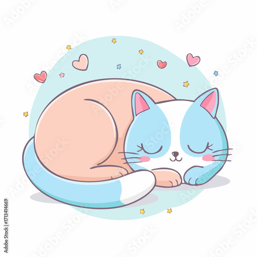 Adorable cartoon illustration of a cute cat sleeping peacefully, rendered in soft pastel colors with a whimsical charm