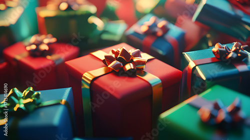 Colorful pile of Christmas presents with bows