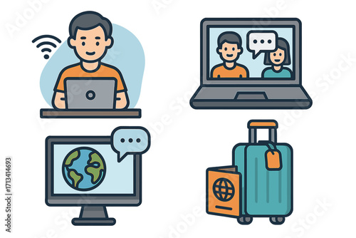 Digital nomad and remote work icon set. Freelancer working on laptop with wifi. Virtual meeting and video conference concept. Global communication and business travel icons.