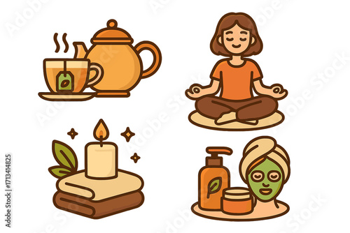 Self-care icon set for relaxation and wellness. Vector concepts of mental health, mindfulness, and stress relief. Woman meditating, hot tea, spa candle, and beauty face mask.