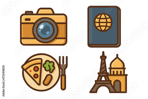 Travel icon set for tourism and vacation. Flat cartoon vector illustration of holiday essentials: camera for photography, passport for international journey, food, and famous landmarks.