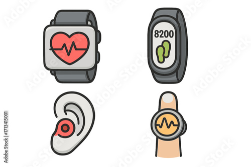Wearable technology health and fitness tracker icons. Smart watch, activity band, smart ring, hearing aid vector illustration set. Heart rate monitor, step counter symbols.