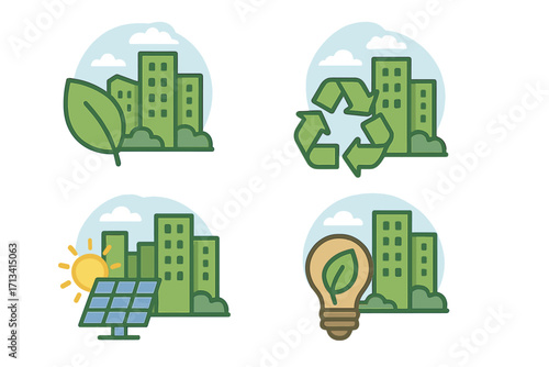 Green city vector icon set. Urban ecology and environmental sustainability concepts. Renewable energy, solar power, recycling, and nature conservation symbols for an eco life.