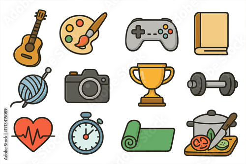Hobby and lifestyle icon set. Vector collection of personal interests, leisure activities, self-care. Symbols for work-life balance, personal development. Flat cartoon icons.