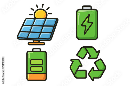 Renewable energy icon set with solar panel, battery charge, and recycling symbols. Green power, sustainability, and eco friendly concepts. Vector cartoon illustration collection.