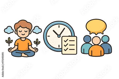 Personal development icon set with mindfulness, time management, and teamwork concepts. Vector illustration for self-improvement, productivity, meditation, and group work.